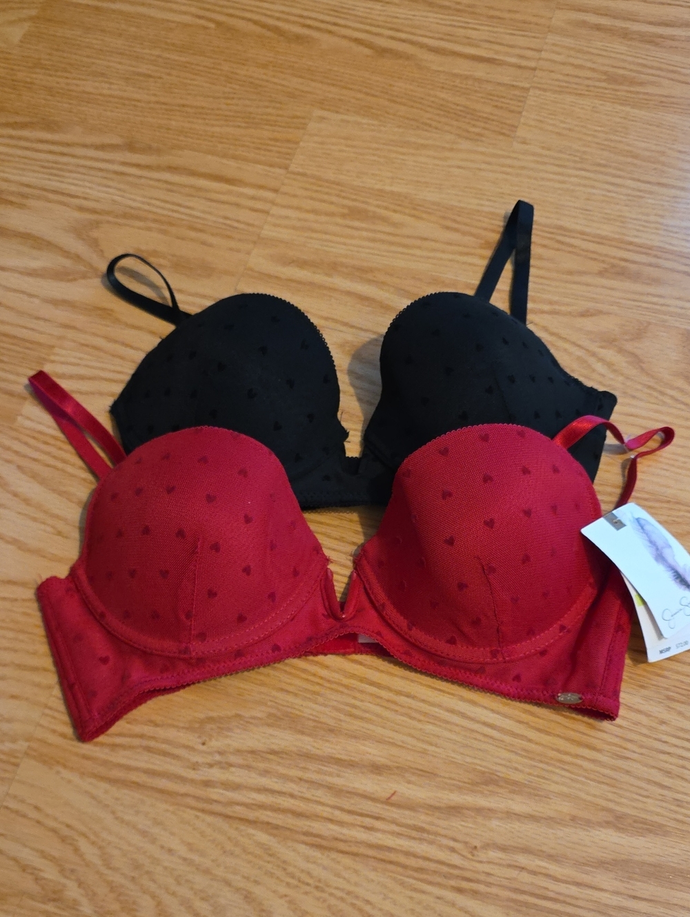Jessica Simpson Red and Black Heart Print Push-Up Bras Duo 36B